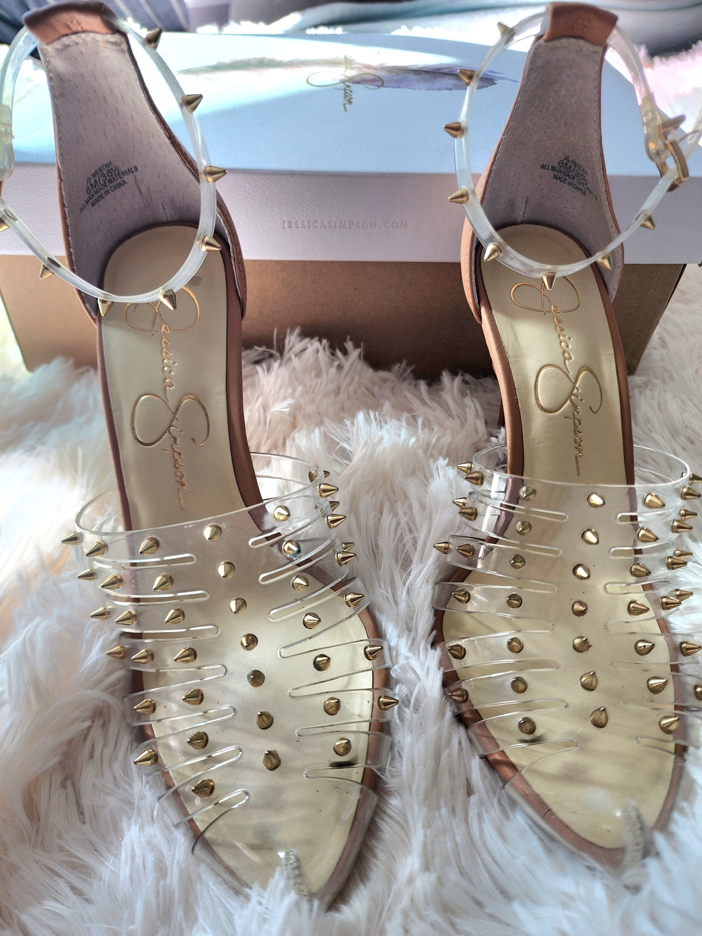 Jessica Simpson Clear PVC Pointed Toe Heels with Gold Studs - Tan